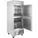 A stainless steel Avantco reach-in refrigerator with a half door open.
