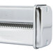 A KitchenAid stainless steel pasta roller attachment with a metal strip.