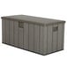 A grey plastic Lifetime outdoor storage box with a lid.
