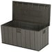A grey plastic Lifetime outdoor storage box with a lid open.