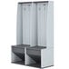 A white and grey rectangular Lifetime outdoor double locker with storage benches.