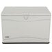A white outdoor storage box with black trim and handles.