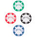 A group of four Bicycle poker chips in red, white, and two shades of blue.