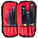 A Mercer Culinary knife case with red trim holding a set of knives.