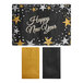 A white Hoffmaster placemat with black and gold New Year's text and stars.