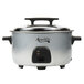 An Avantco electric rice cooker with a silver and black pot and lid.