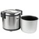 An Avantco stainless steel and black electric rice warmer with a close-up of the white pot inside.