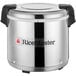 A silver Town stainless steel rice warmer with black handles and lid.