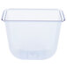 A San Jamar clear plastic container with a square edge and a lid.