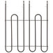A black metal heating element with curved lines and three hooks.