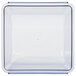 A clear plastic square container with blue trim and a clear plastic lid.