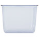 A San Jamar clear plastic container with blue rims and a lid.
