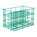 A green wire rack with 14 compartments for square plates.
