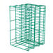 A green wire rack with many square compartments.
