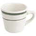 A white Tuxton tall cup with green stripes.