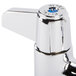 A chrome Equip by T&S deck-mount faucet with blue handles and an 18 1/8" swing nozzle.