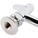 A chrome plated Equip by T&amp;S deck mount faucet with a swivel base and 18 1/8" swing nozzle.