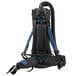 A black and blue Lavex backpack vacuum with a blue and black strap.