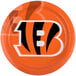 A white paper dinner plate with the Cincinnati Bengals logo in orange and black.