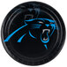 A black paper dinner plate with a Carolina Panthers logo in blue and white.