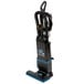 A black and blue Lavex upright bagged vacuum cleaner with nozzles.