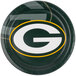 A Creative Converting paper dinner plate with a green and yellow Green Bay Packers logo.