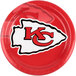 A red and white Kansas City Chiefs paper dinner plate with a logo.