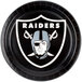 A black Creative Converting paper dinner plate with the Las Vegas Raiders logo on it.