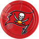 A red Creative Converting paper dinner plate with the Tampa Bay Buccaneers logo, a skull and a flag.