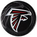 A black paper dinner plate with a red and black Atlanta Falcons logo.