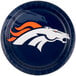 A white paper dinner plate with the Denver Broncos logo on it.