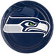 A white Creative Converting paper dinner plate with the Seattle Seahawks logo on it.