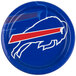 A blue and white paper dinner plate with the Buffalo Bills logo.