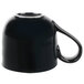 A black coffee mug with a handle.