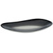 A black porcelain tray with a white border and curved edges.