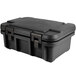 A black plastic top-loading food pan carrier with two handles.