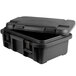 A black plastic top-loading food pan carrier with a lid.