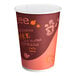 A white paper Choice coffee cup with coffee writing in red and orange.
