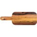A rectangular melamine serving peel with a faux acacia wood design and a handle.