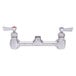 A Fisher stainless steel wall-mounted faucet base with lever handles and swivel outlets.