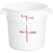A white Choice round polypropylene food storage container with measurements in red.