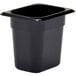 A black Cambro H-Pan 1/8 size plastic food pan with a black lid.