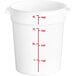 A white Choice round plastic food storage container with red measurements on it.