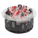 A frosted acrylic round ice tub filled with soda cans on a table.