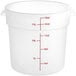 A translucent white plastic Choice food storage container with measurements on the side.
