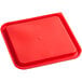 A red square polypropylene food storage container lid.