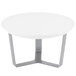 A white round tray with metal legs displayed on a white table.