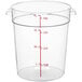 A clear plastic Choice round food storage container with red measurements.