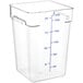 A clear Choice square polycarbonate food storage container with blue measurements.