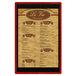 A Menu Solutions wood menu board with top and bottom strips and a black frame with white background.